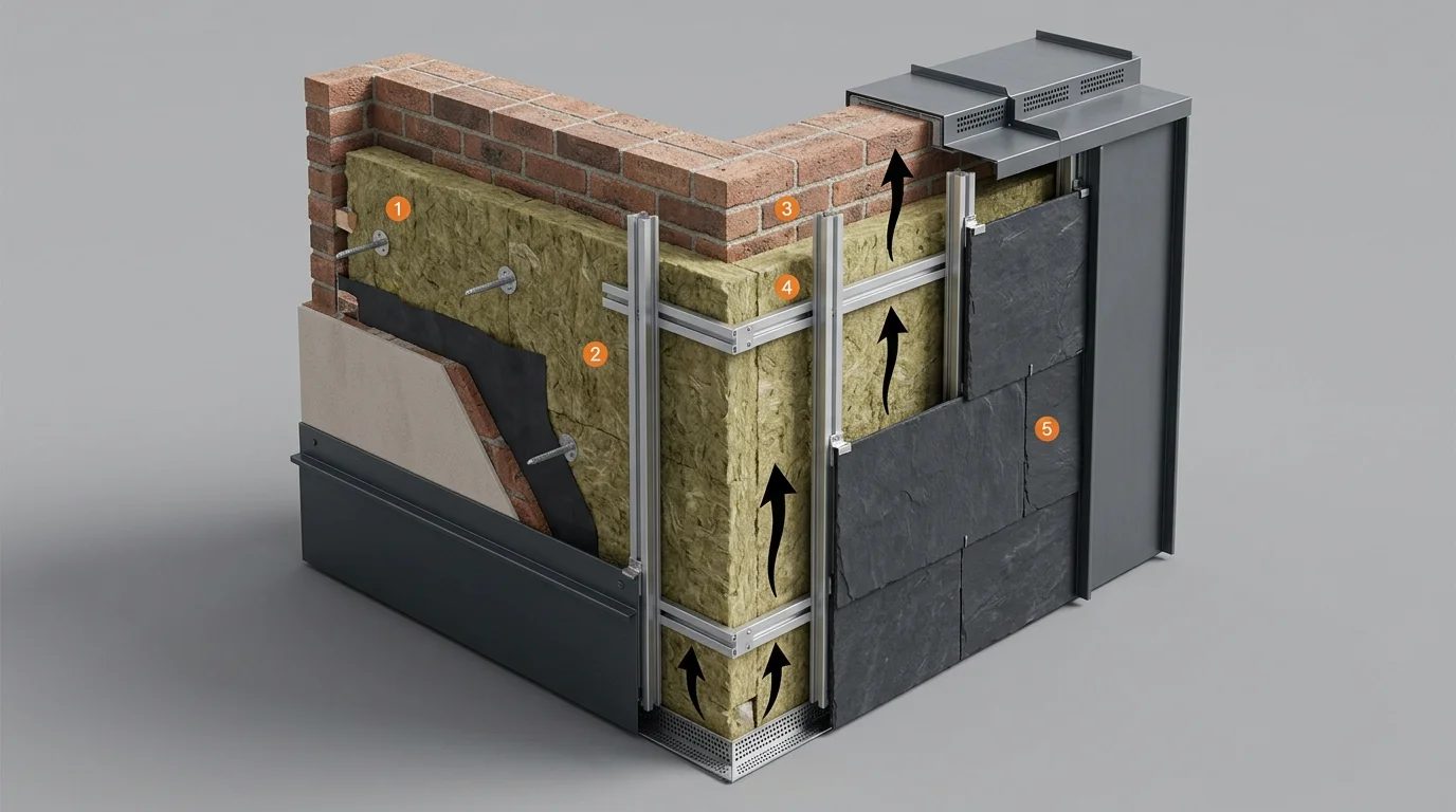 3D-Schnittzeichnung: 5-Schichten-Aufbau der vorgehängten hinterlüfteten Fassade (VHF)